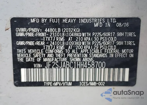 2017 Subaru Forester 2.5I из США, поврежденный, VIN JF2SJABC1HH458700